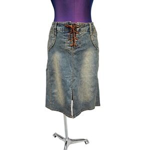 Vintage One Tuff Babe Y2K Corset Lace Up Front Slit Jean Midi Skirt Size 5/6 H39